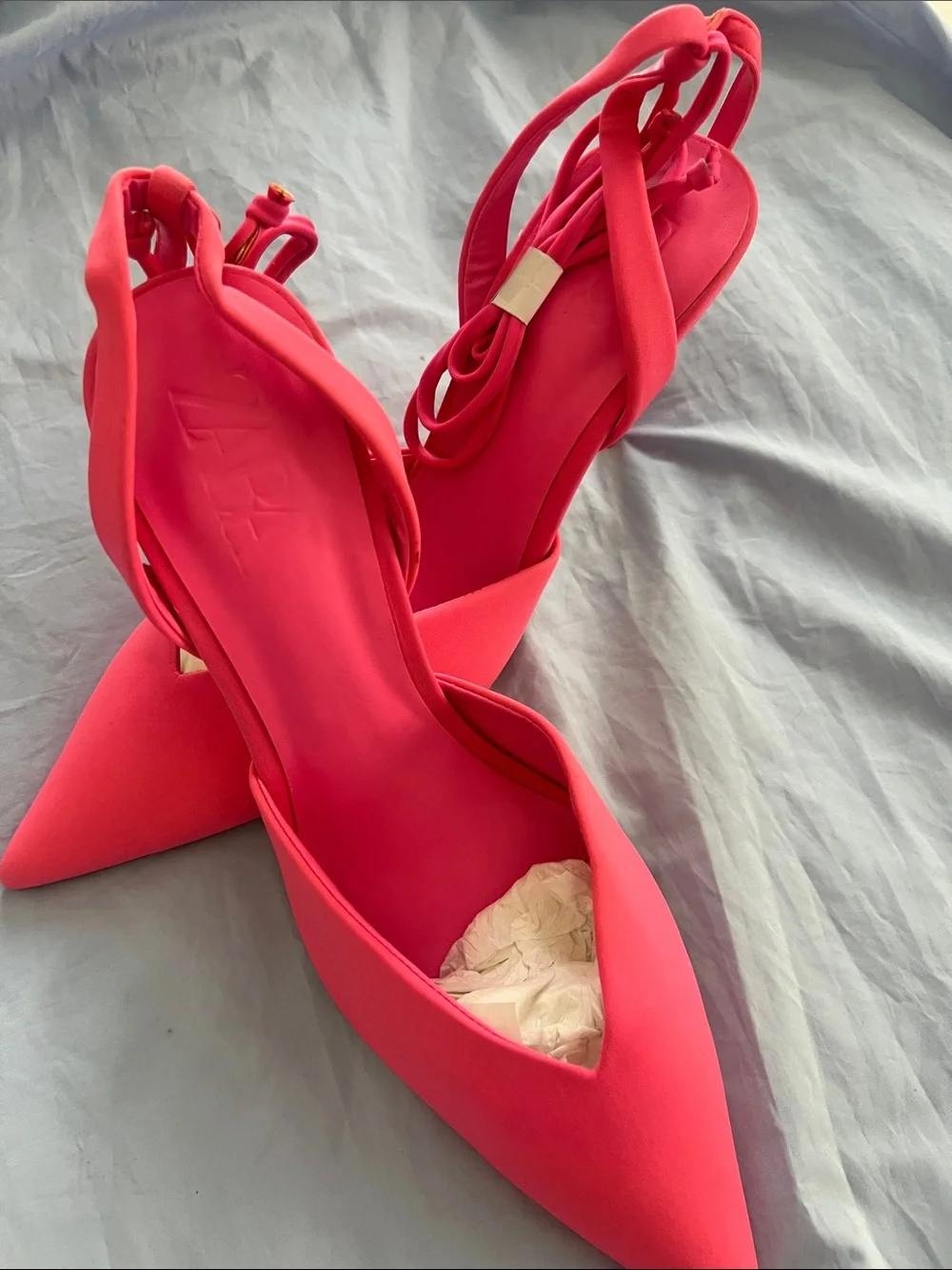 Zara Limited Edition Women's Pointed-Toe Ankle Tie Heels in Hot Pink